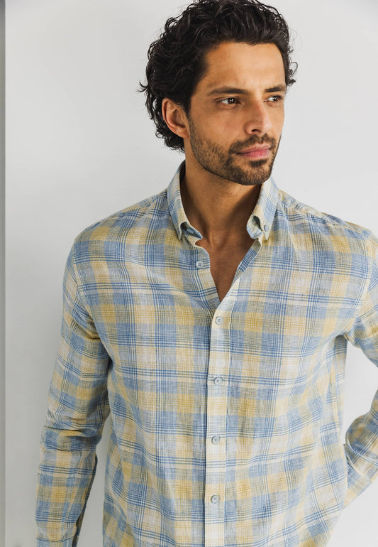 Yellow checkered cotton linnen regular fit shirt State of Art - 15332/1121