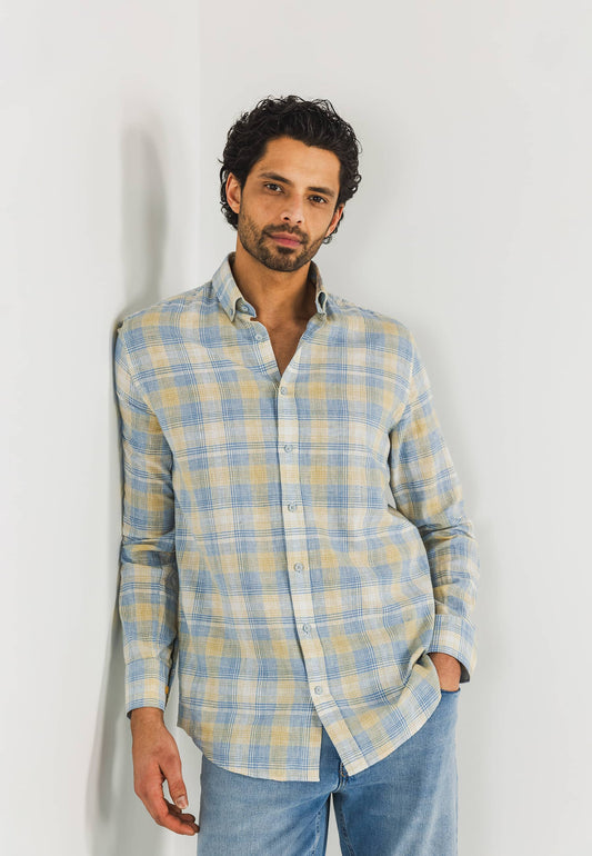 Yellow checkered cotton linnen regular fit shirt State of Art - 15332/1121